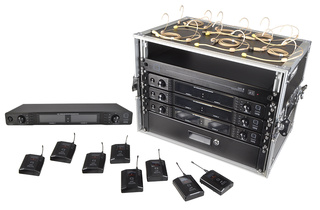 4 Way Wireless Microphone Set with Belt packs and Headsets Racked Ready to Use