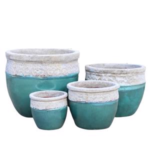 Glazed Ceramic Vuban  Round Pot - Falling Green