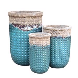 Glazed Ceramic Waffle  Cylinder Pot - Falling Green